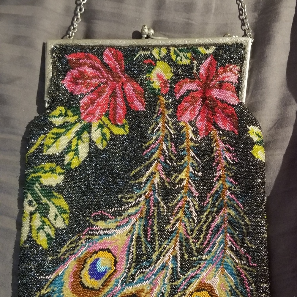 Vintage Beaded Peacock Wrist Bag 1960s